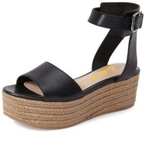 FSJ Black Open Toe Platform Wedge Sandals